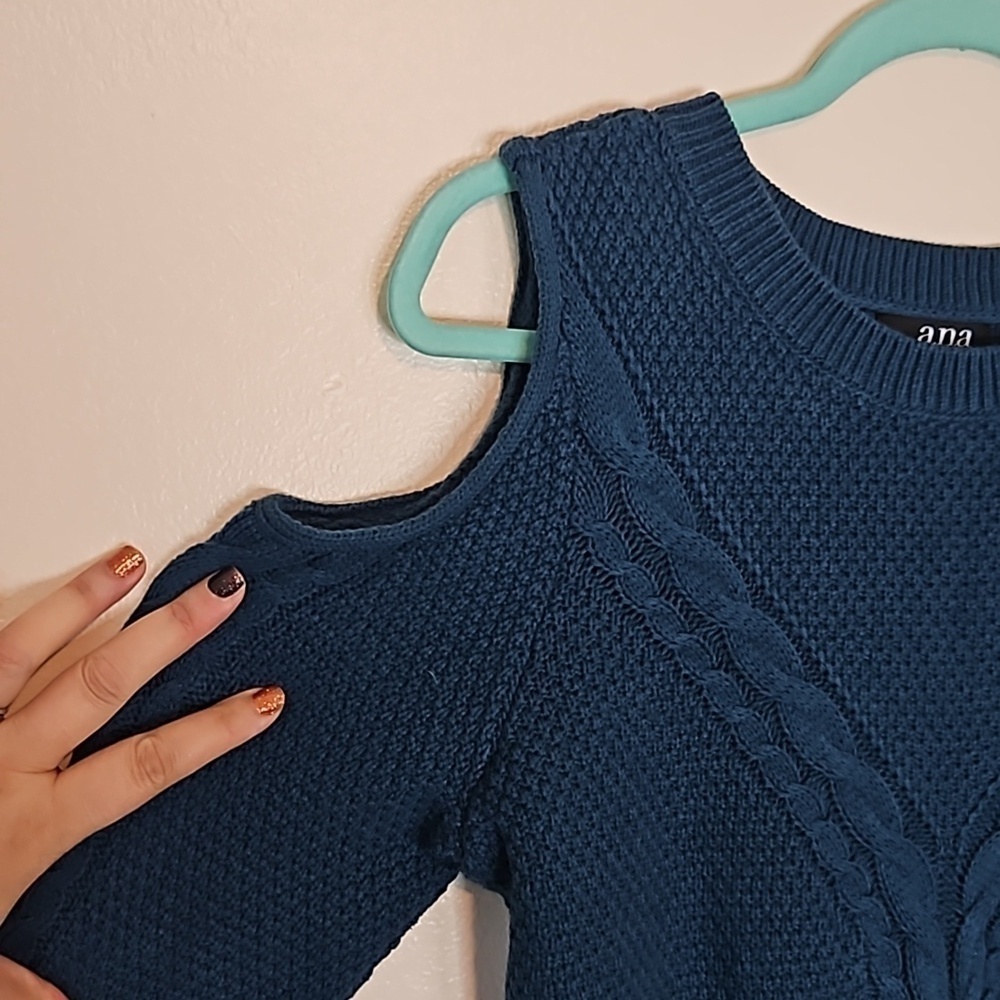 A.N.A Aqua Blue Cold Shoulder Cable Knit Sweater Large - Picture 2 of 6